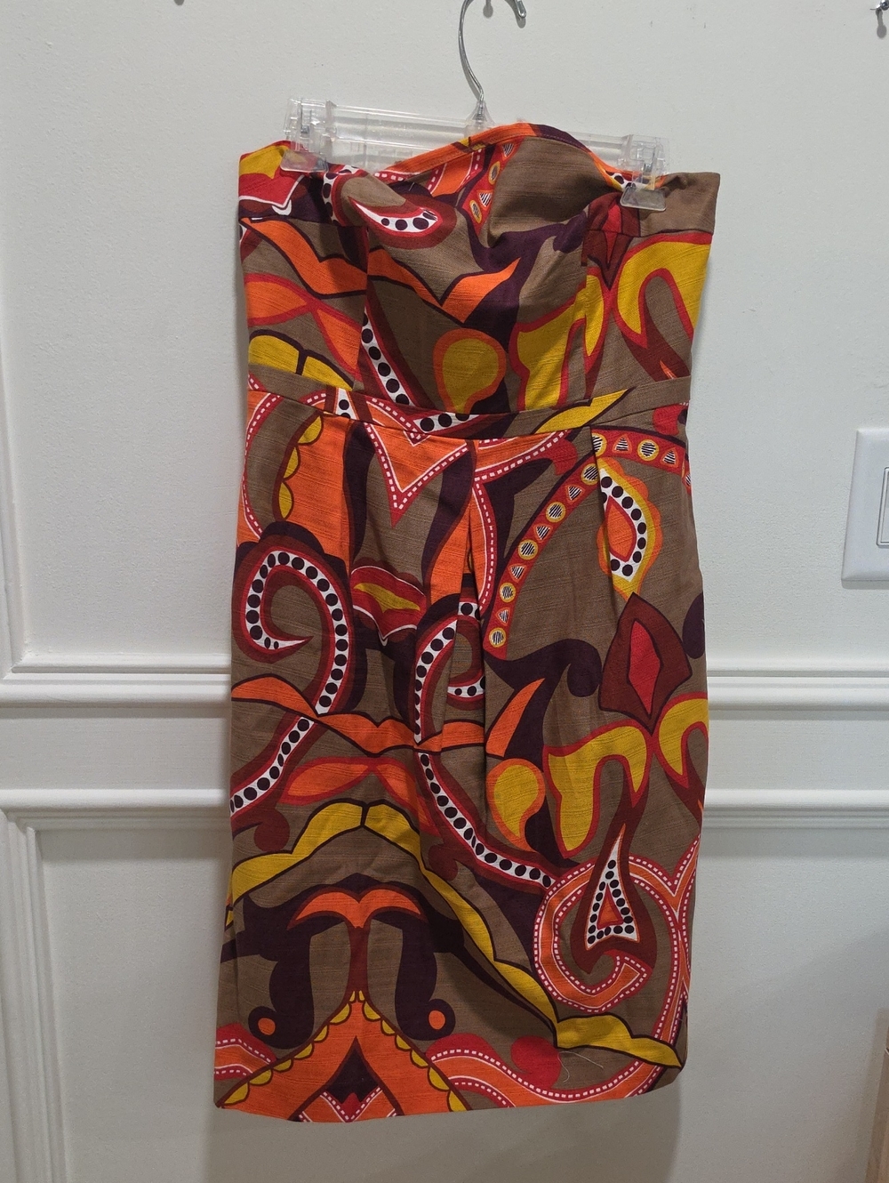Merona Strapless Abstract Print Dress in Brown, Orange, Yellow, Red